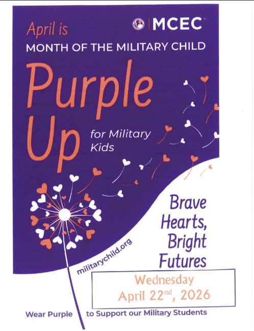 A purple Month of the Military Child poster features a stylized dandelion with heart‑shaped seeds blowing across the page. The text reads: “April is MCEC Month of the Military Child. Purple Up for Military Kids.” The slogan “Brave Hearts, Bright Futures” appears near the center. The poster encourages people to wear purple on Wednesday, April 22, 2026, to support military students and includes the website militarychild.org. The design uses orange and white accents on a purple background.